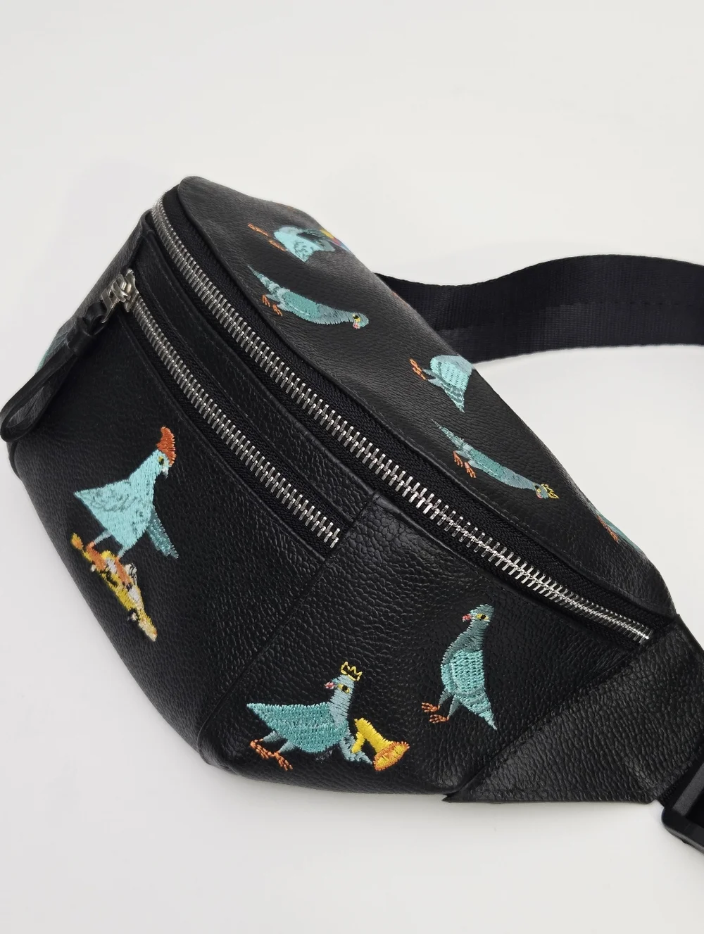NEW MIN & MON HAROLD FANNY PACK BAG BLACK LEATHER - PIGEONISTA EMBROIDERY